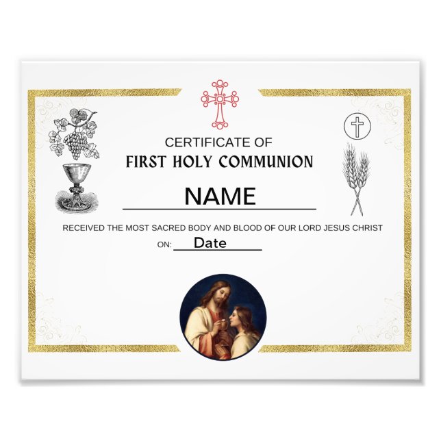 First Holy Communion Certificate Photo Print (Front)