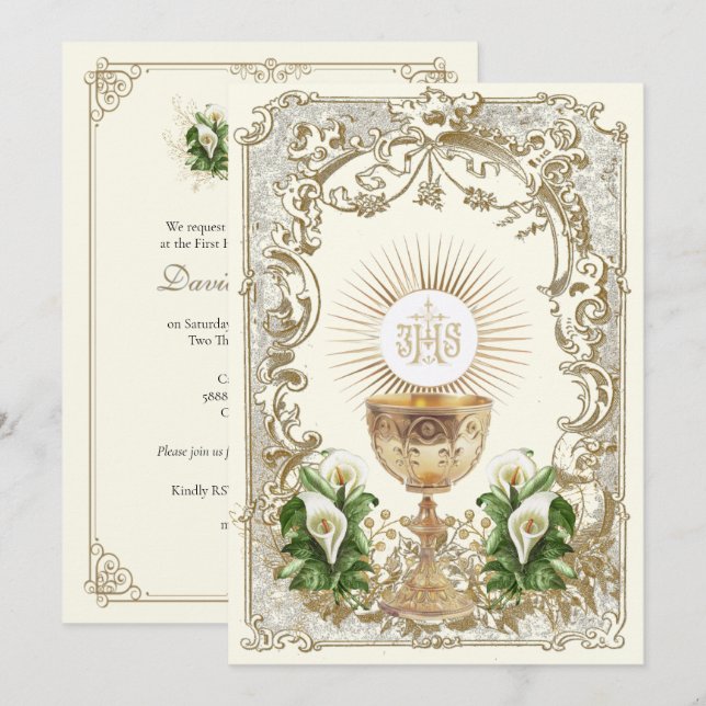 First Holy Communion Chalice Eucharist Calla Lily Invitation (Front/Back)