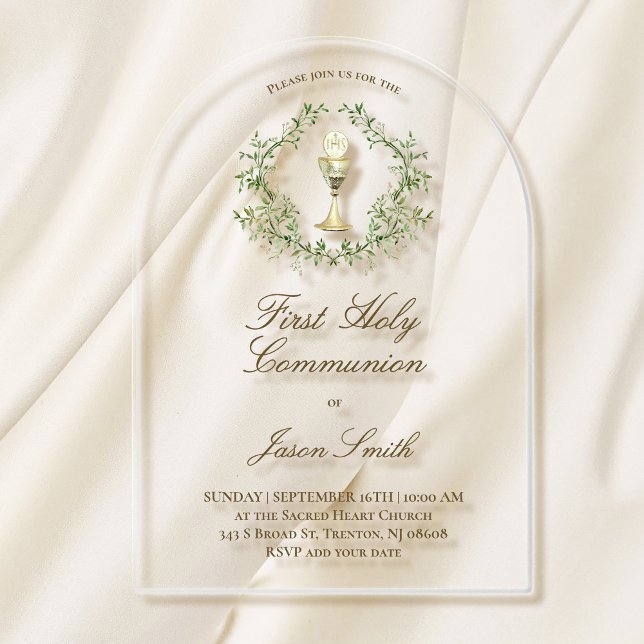 First Holy Communion chalice greenery crest Acrylic Invitations (Creator Uploaded)