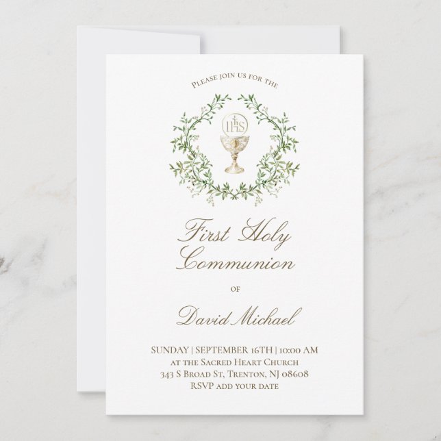 First Holy Communion chalice greenery crest Invitation (Front)