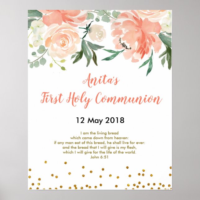 First Holy Communion Christening Peach Party Sign (Front)