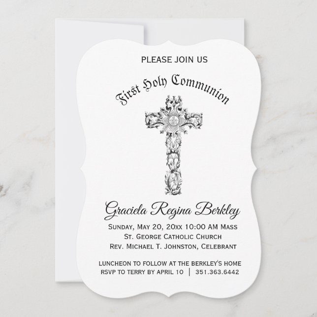 First Holy Communion Cross Black White Invitations (Front)