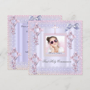 First Holy Communion Cross Girl Photo Lavender Invitation
