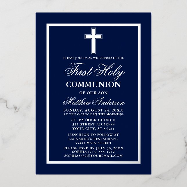 First Holy Communion Cross Navy Blue Silver (Front)