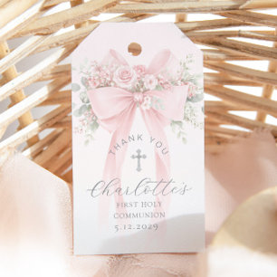 First Holy Communion Cross Pink Bow Thank you Gift Tags