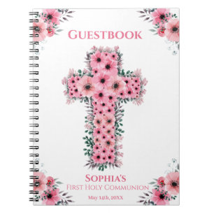 First Holy Communion Cross Pink Flower Guest Book