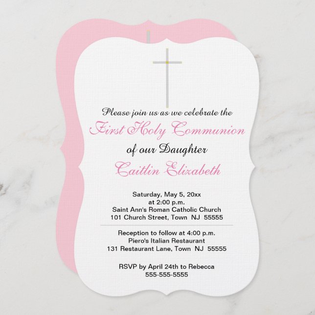 First Holy Communion Cross Pink Invitation (Front/Back)