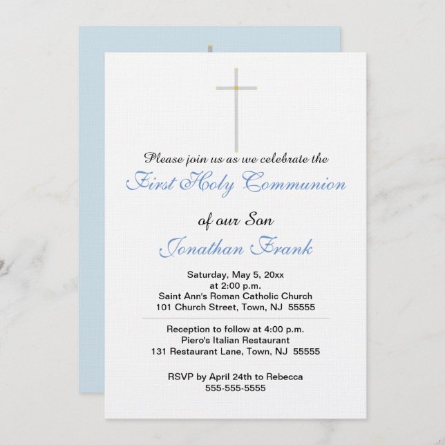 First Holy Communion Cross Son Blue Grey Invitation (Front/Back)