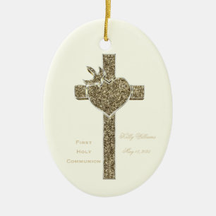 First Holy Communion Cross with Dove and Heart Ceramic Ornament