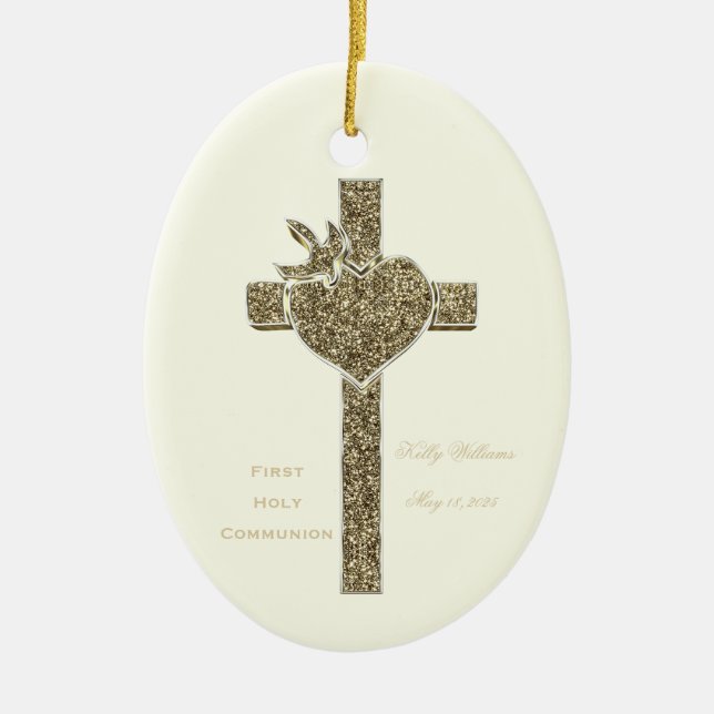First Holy Communion Cross with Dove and Heart Ceramic Ornament (Front)