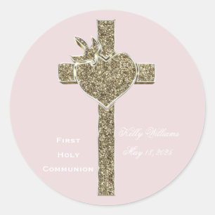 First Holy Communion Cross with Dove and Heart Classic Round Sticker