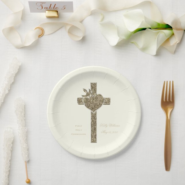 First Holy Communion Cross with Dove and Heart Paper Plate (Wedding)