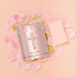 First Holy Communion Drips Rose Christian Cross Invitation