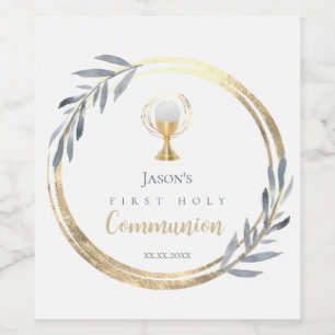 First Holy communion dusty blue faux gold foil Wine Label