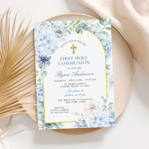 First Holy Communion Dusty Blue Floral Invitation