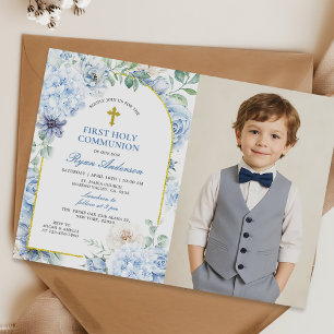 First Holy Communion Dusty Blue Floral Photo Invitation