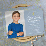 First Holy Communion Dusty Blue Gold Dust Photo Save The Date<br><div class="desc">An elegant First Holy Communion save the date invitation featuring delicate gold dust. You can personalise with your celebration details in chic text and a special photo on a dusty blue background. Designed by Thisisnotme©</div>