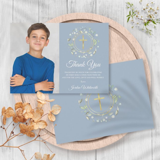 First Holy Communion Dusty Blue Greenery Photo Thank You Card (Creator Uploaded)