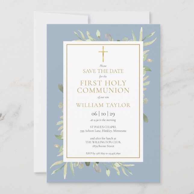 First Holy Communion Dusty Blue Greenery Save The Date (Front)