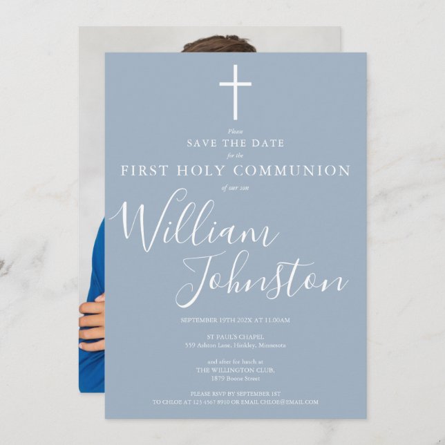 First Holy Communion Dusty Blue Script Photo Save The Date (Front/Back)