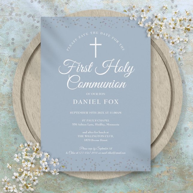First Holy Communion Dusty Blue Silver Stardust Save The Date (First Holy Communion Dusty Blue Silver Stardust Save The Date)