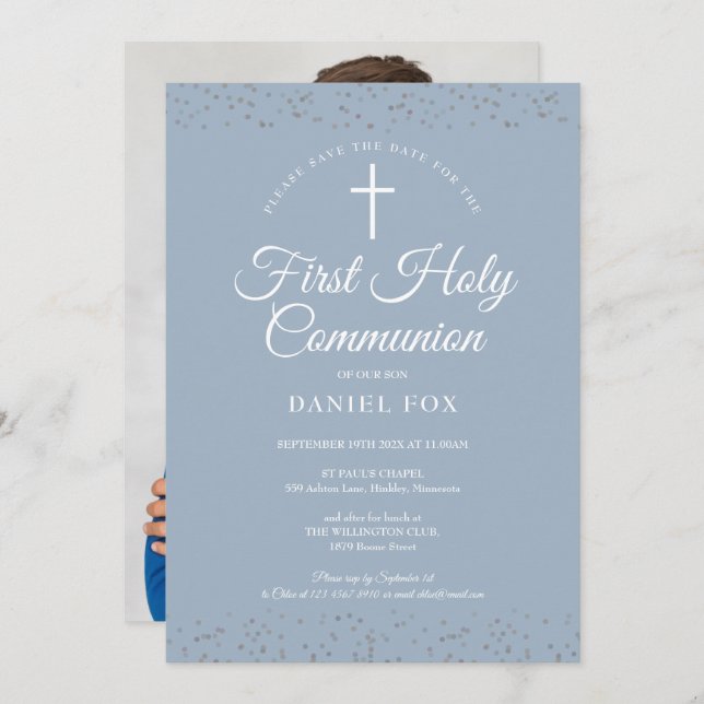 First Holy Communion Dusty Blue Stardust Photo Save The Date (Front/Back)