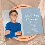 First Holy Communion Dusty Blue Stardust Photo Save The Date<br><div class="desc">An elegant First Holy Communion save the date invitation featuring delicate silver stardust. You can personalise with your celebration details in chic text and a special photo on a dusty blue background. Designed by Thisisnotme©</div>