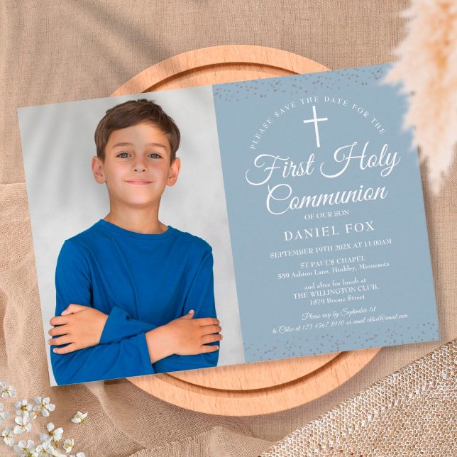 First Holy Communion Dusty Blue Stardust Photo Save The Date (Creator Uploaded)