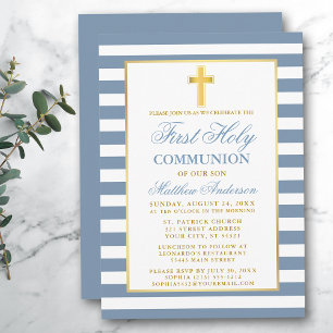 First Holy Communion Dusty Blue Striped Gold Invitation