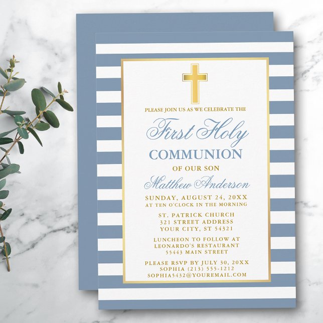 First Holy Communion Dusty Blue Striped Gold Invitation (Customize to change text size, color or text style.)