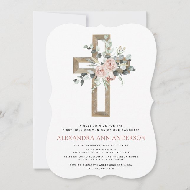 First Holy Communion Dusty Pink Rose Greenery Invitation (Front)