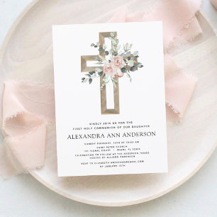 First Holy Communion Dusty Pink Rose Greenery Invitation