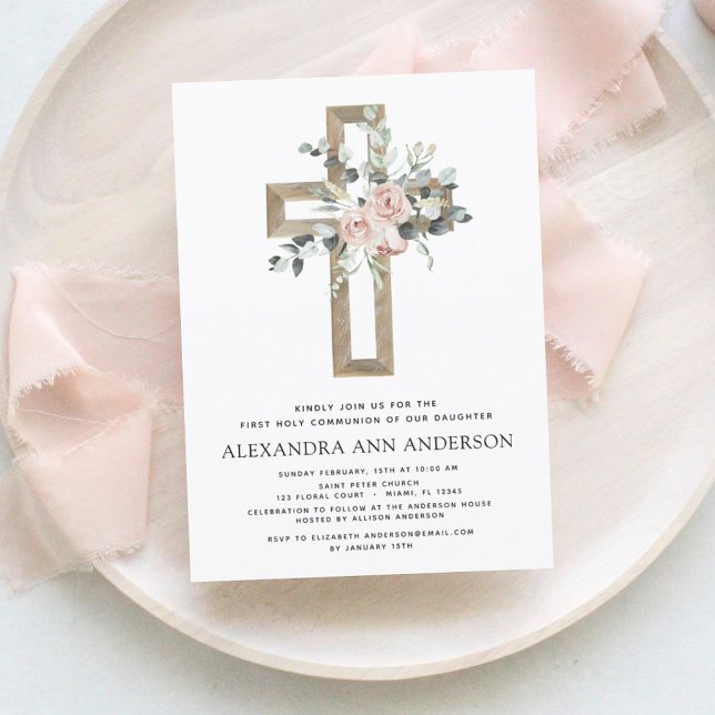 First Holy Communion Dusty Pink Rose Greenery Invitation (Creator Uploaded)
