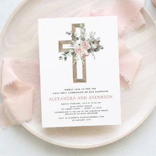 First Holy Communion Dusty Pink Rose Greenery Invitation