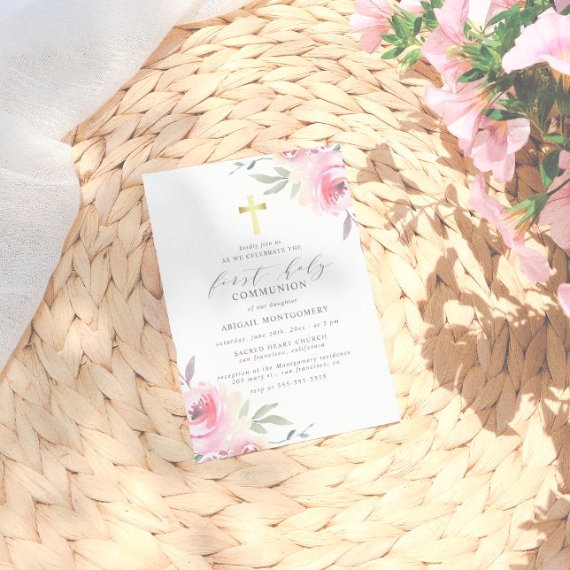 First Holy Communion Elegant Floral Announcement (Creator Uploaded)