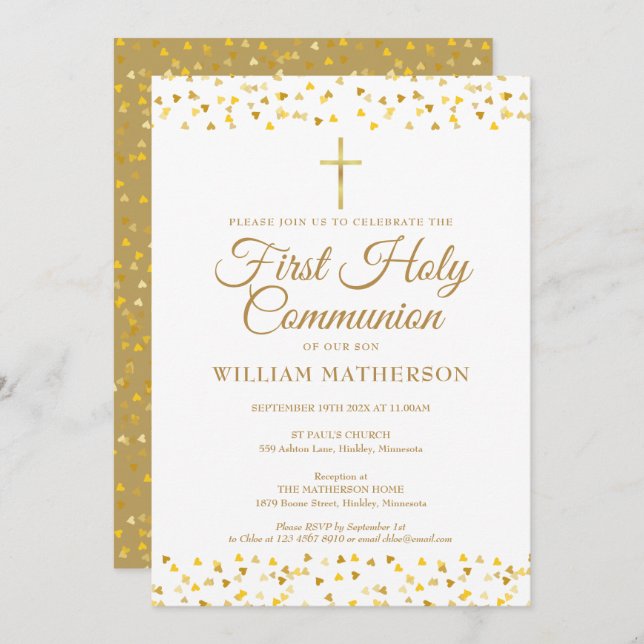 First Holy Communion Elegant Gold Hearts  Invitation (Front/Back)