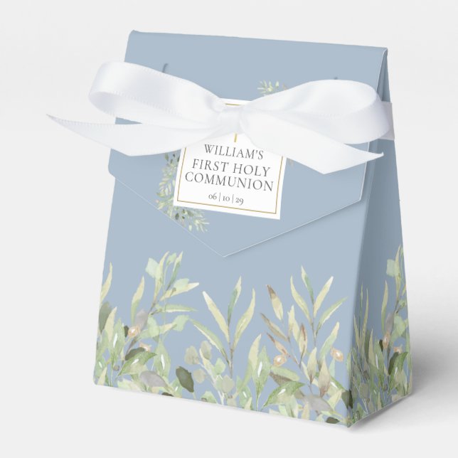 First Holy Communion Elegant Greenery Foliage Blue Favour Box (Front Side)