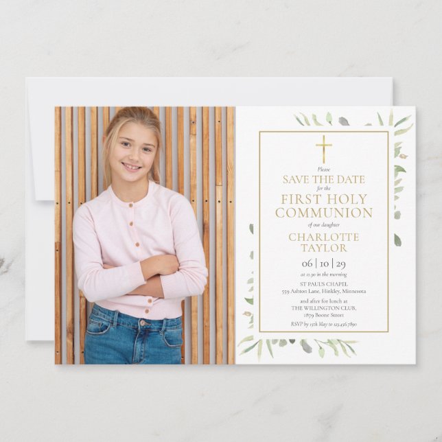 First Holy Communion Elegant Greenery Photo Save The Date (Front)