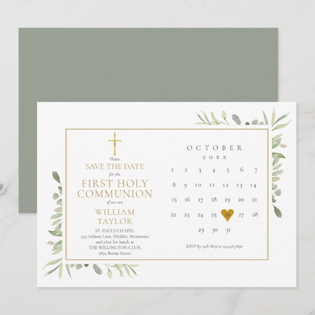 First Holy Communion Elegant Greenery Save The Date (Front/Back)