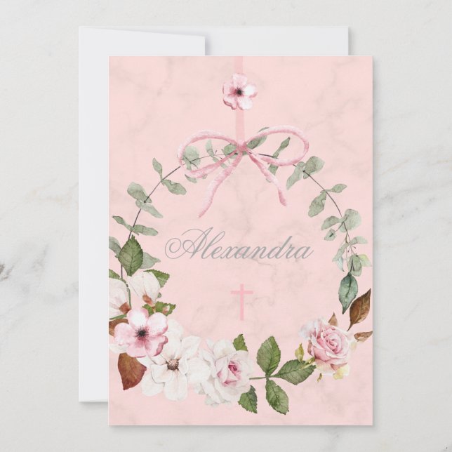 First Holy Communion Elegant Pink Roses Frame  Invitation (Back)