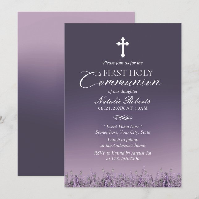 First Holy Communion Elegant Purple Ombre Invitation (Front/Back)