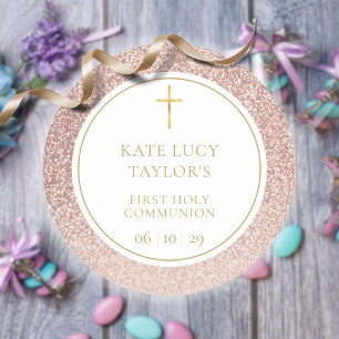 First Holy Communion Elegant Rose Gold Glitter Classic Round Sticker
