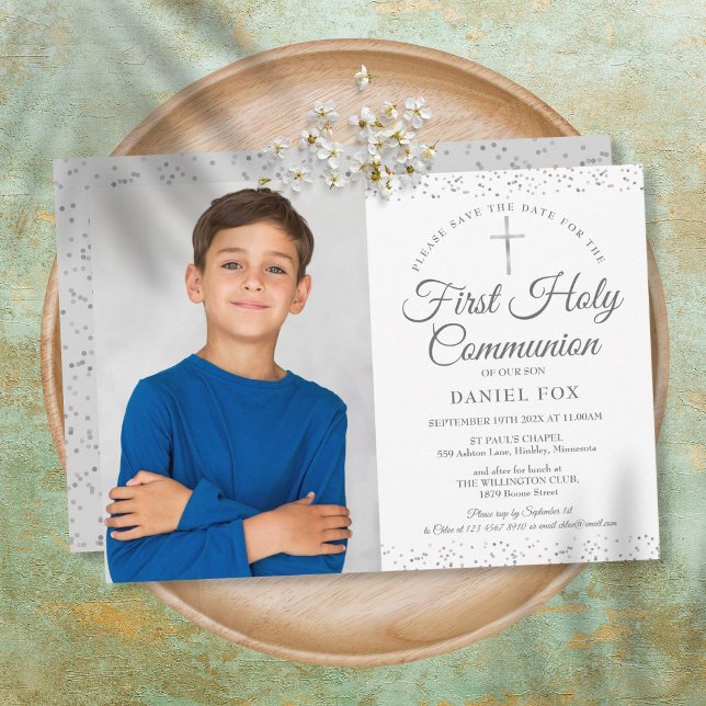 First Holy Communion Elegant Silver Photo Save The Date (Creator Uploaded)