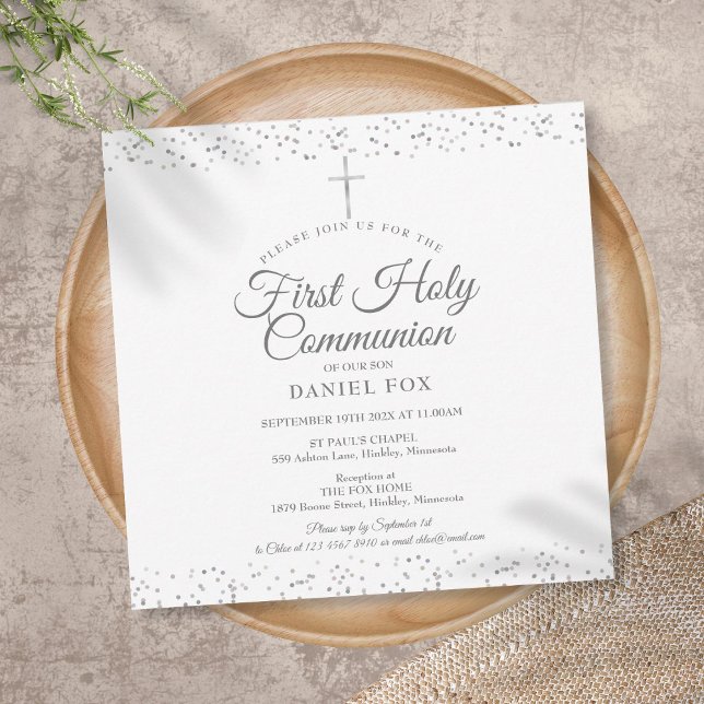 First Holy Communion Elegant Silver Stardust  Invitation (Creator Uploaded)