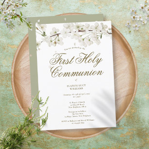 First Holy Communion Elegant White Blossom Floral Invitation