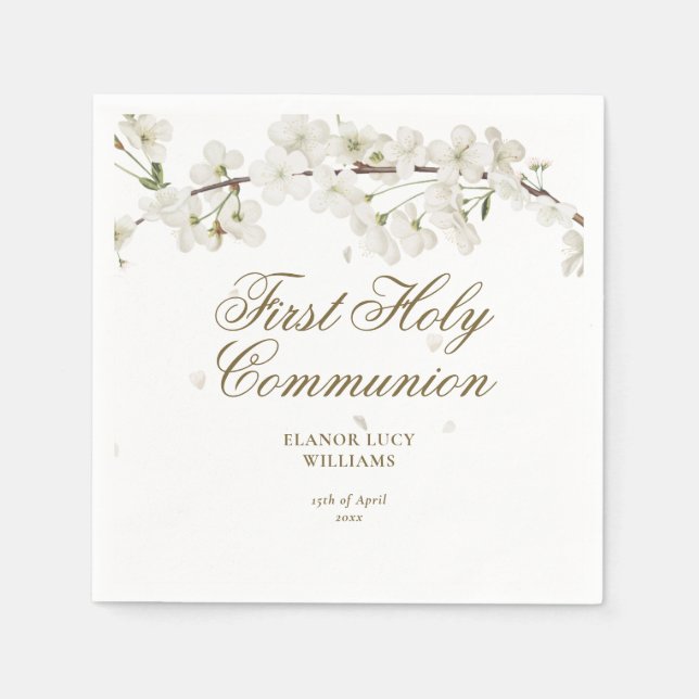 First Holy Communion Elegant White Blossom Floral Napkin (Front)