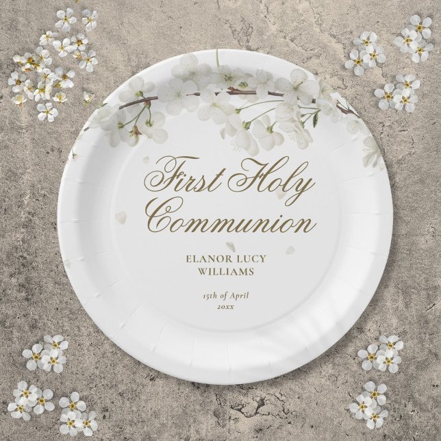 First Holy Communion Elegant White Blossom Floral Paper Plate (First Holy Communion Elegant White Blossom Floral Paper Plates)
