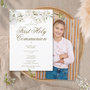 First Holy Communion Elegant White Blossom Photo Invitation