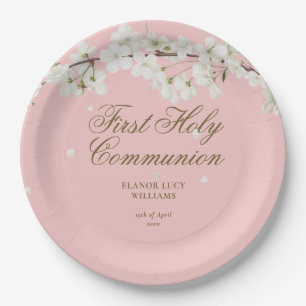 First Holy Communion Elegant White Blossom Pink Paper Plate