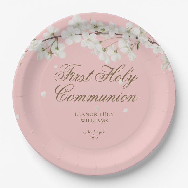 First Holy Communion Elegant White Blossom Pink Paper Plate (Front)